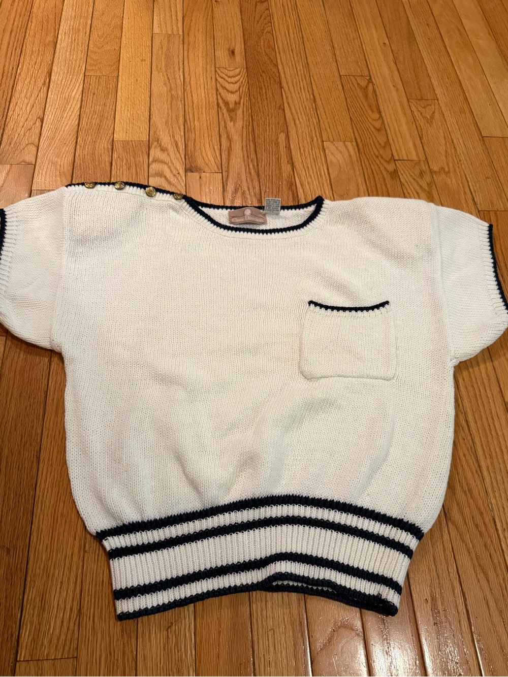 White Short Sleeve Knit Top with Navy Trim Gold Button Detail yacht club coastal - Picture 2 of 7